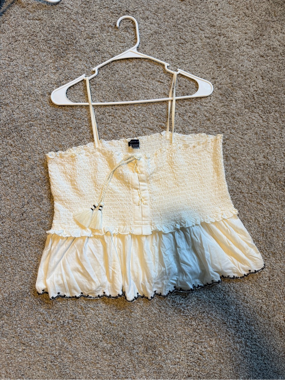 American Eagle Women's Cream Smocked Peplum Spaghetti Strap Top